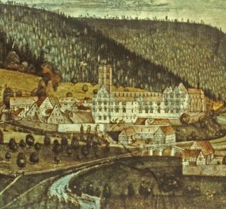 Gesamtansicht von Kloster Hirsau nach dem Brand von 1692, Gemälde von Johann Jacob Bock