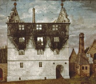 Herzogliches Schloss von Kloster Hirsau nach der Zerstörung durch den Brand auf einem Gemälde