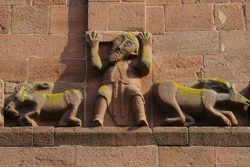 Detail of a frieze on the Owl Tower at Hirsau Monastery