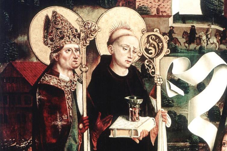 St. Aurelius and St. Benedict in a founder painting of the Church of St. Aurelius, circa 1480, at Hirsau Monastery