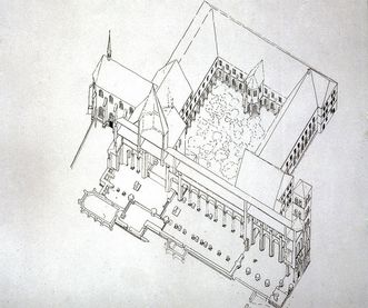 Perspective view of the layout of the convent buildings, the Chapel of St. Mary and the Owl Tower at Hirsau Monastery, 1933