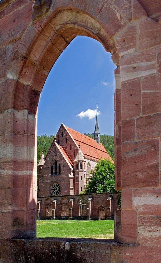 Hirsau monastery, view of the monastery church through the window