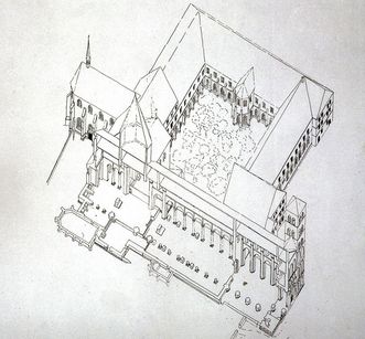 Perspektivischer Grundriss von Konventsgebäude, Marienkapelle und Eulenturm von Kloster Hirsau aus dem Jahr 1933